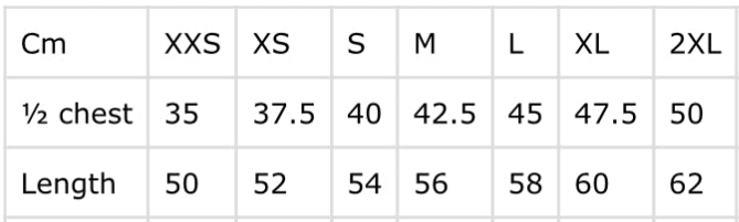 Size guide for The Axis Top