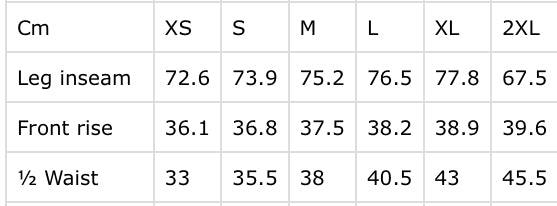 Size guide for Reinforced Joggers