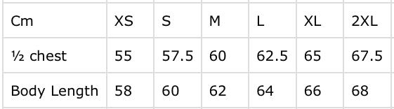 Size guide for Reinforced Zip Hoodie